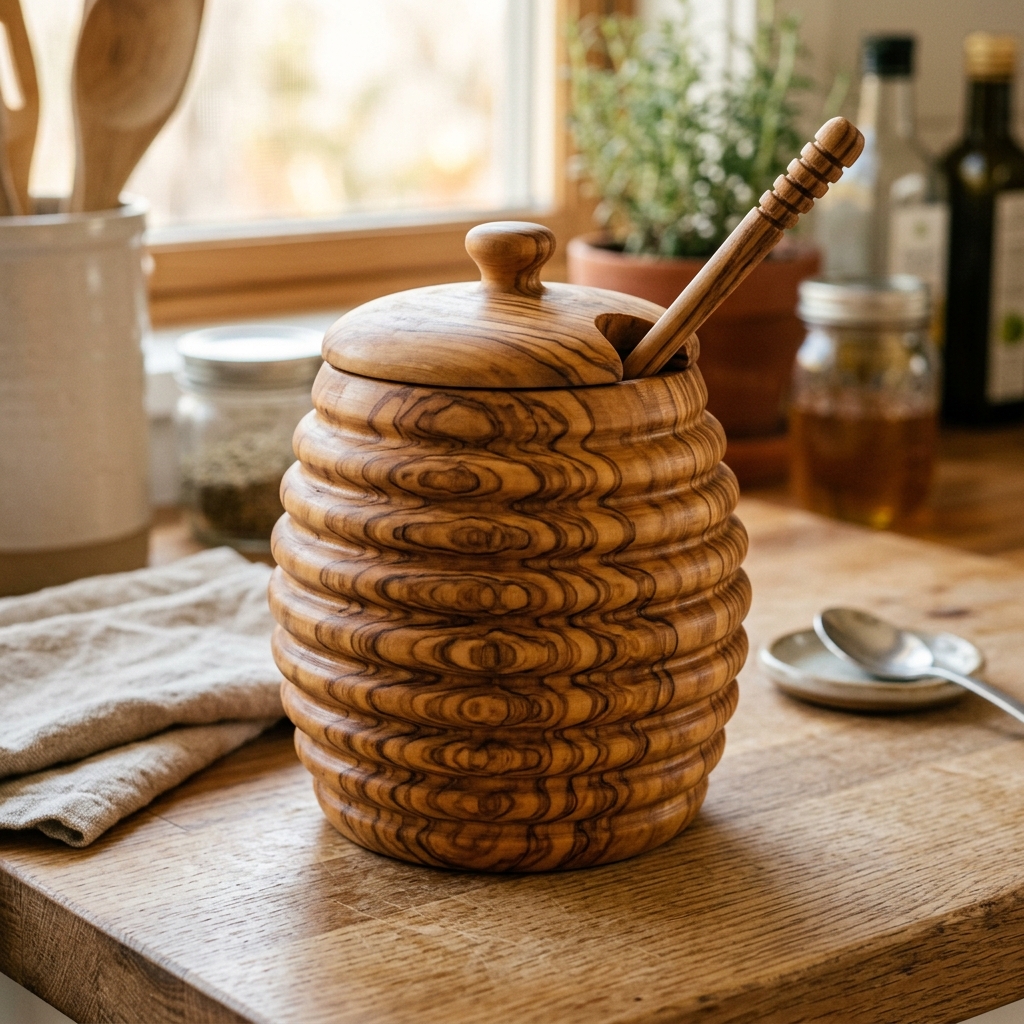 Olive Wood Honey Pot with Dipper